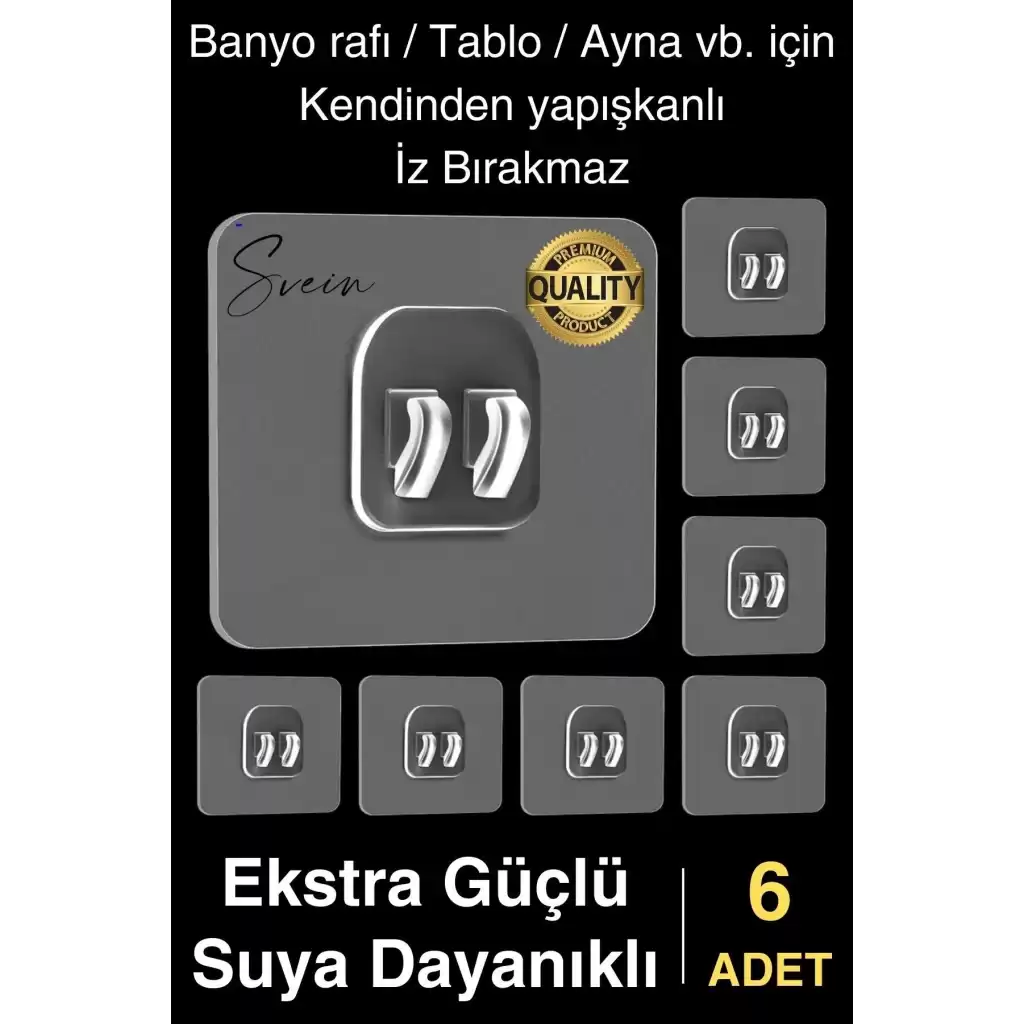 6 Ad. Ekstra Güçlü Kendinden Yapışkanlı İz Bırakmaz Suya Dayanıklı Banyo Rafı Tablo Ayna Askı Kanca