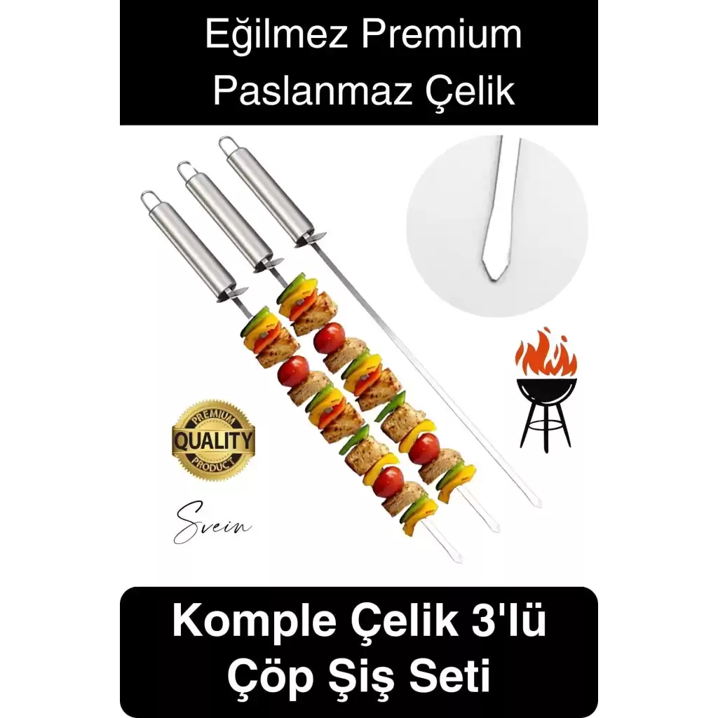 3 Adet 40 cm Premium Paslanmaz Çelik Saplı Izgara Şişleri Et Tavuk Barbekü Kebap Mangal Adana Urfa