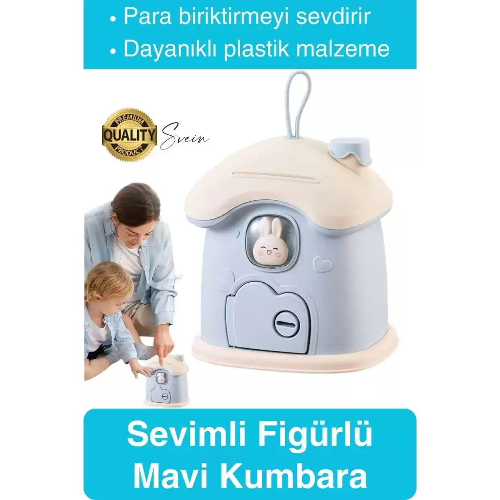 Sevimli Mavi Tavşan Figürlü Kilitli Çocuk Kumbara Bozuk Kağıt Para Saklama Kutusu Tasarruf