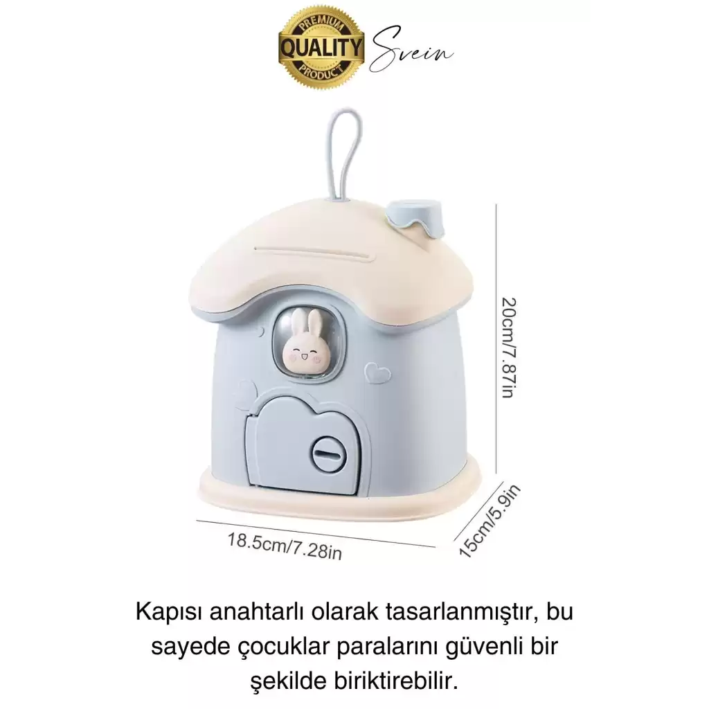 Sevimli Mavi Tavşan Figürlü Kilitli Çocuk Kumbara Bozuk Kağıt Para Saklama Kutusu Tasarruf