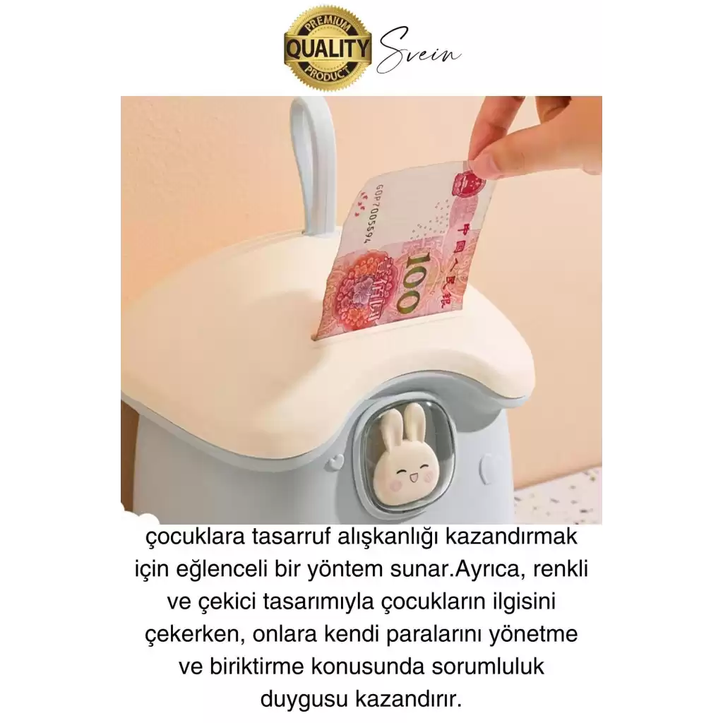 Sevimli Mavi Tavşan Figürlü Kilitli Çocuk Kumbara Bozuk Kağıt Para Saklama Kutusu Tasarruf