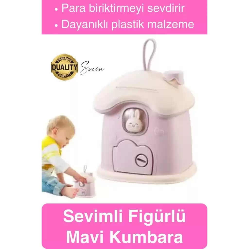 Sevimli Pembe Tavşan Figürlü Kilitli Çocuk Kumbara Bozuk Kağıt Para Saklama Kutusu Tasarruf