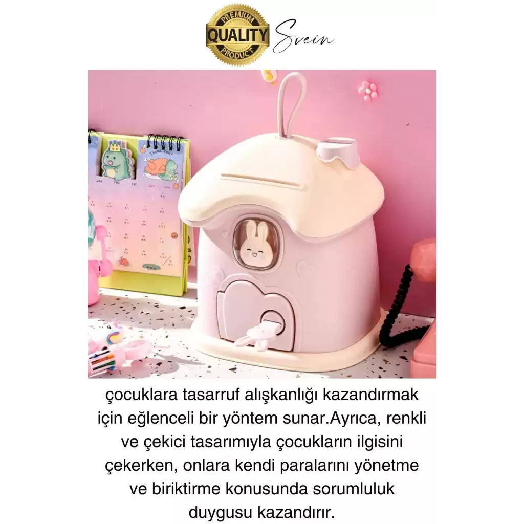 Sevimli Pembe Tavşan Figürlü Kilitli Çocuk Kumbara Bozuk Kağıt Para Saklama Kutusu Tasarruf