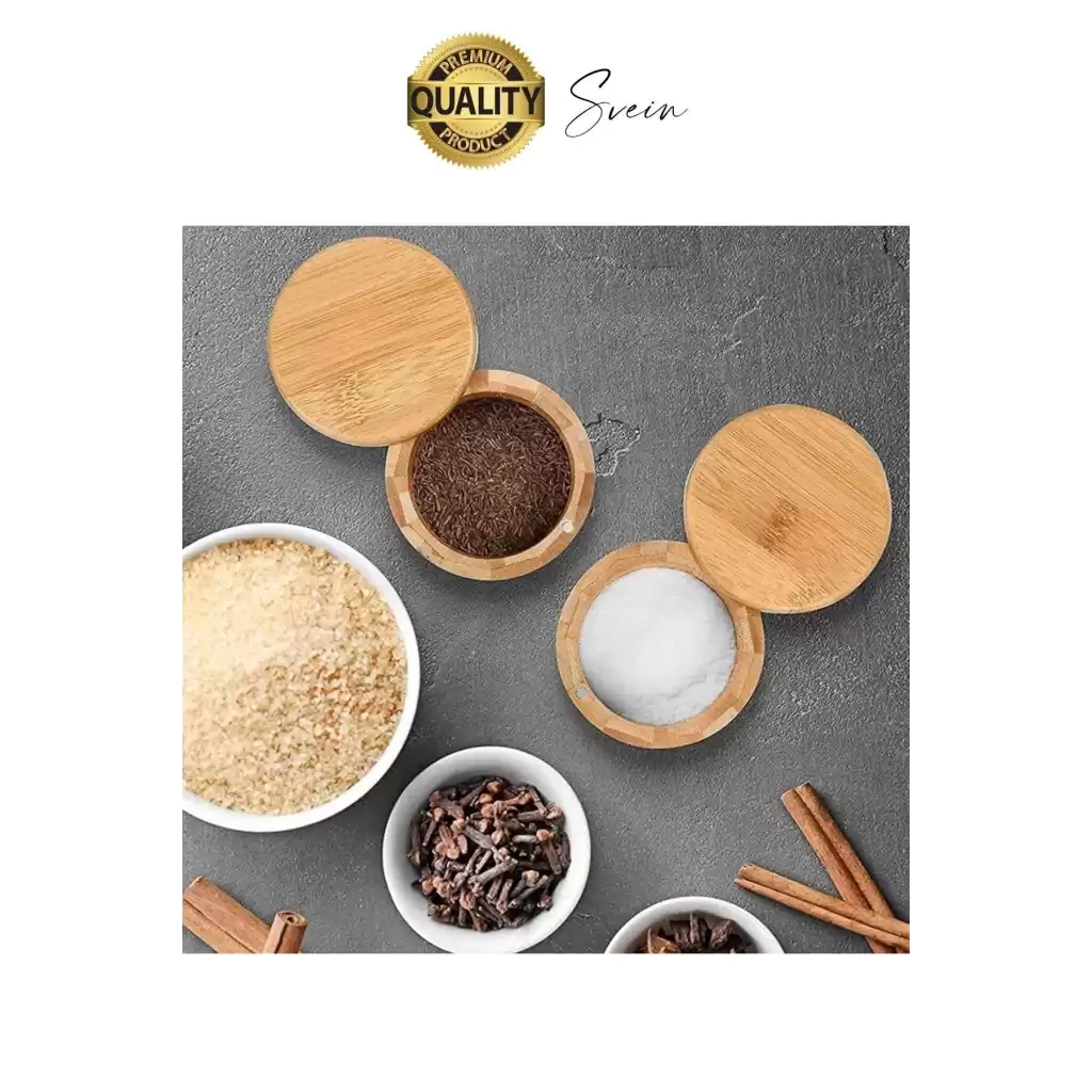 Premium Doğal Bambu Saklama Kabı Ahşap Baharat Kavanozu Kutusu Döner Kapaklı Mutfak Yuvarlak Tuz