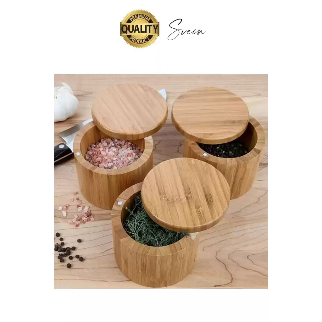 Premium Doğal Bambu Saklama Kabı Ahşap Baharat Kavanozu Kutusu Döner Kapaklı Mutfak Yuvarlak Tuz