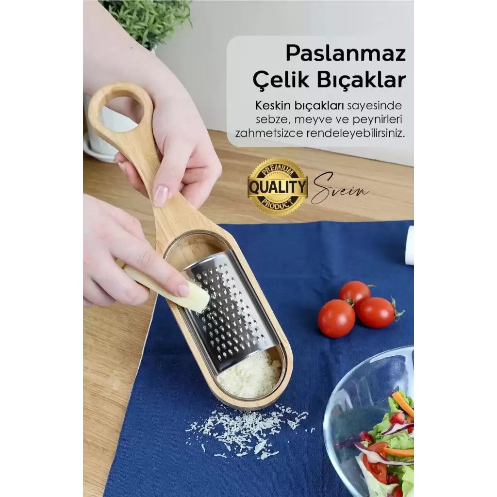 Doğal Ahşap Bambu Saplı Hazneli Rende Peynir Limon Zencefil Sarımsak El Rendesi Asma Sap