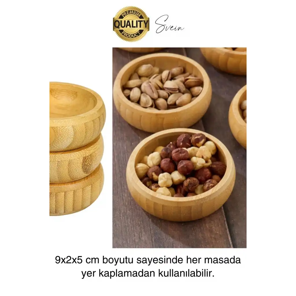 Premium 3lü Doğal Bambu Çerezlik Seti Ahşap Dekoratif Sade Kase Yuvarlak Atıştırmalık Kabı Sosluk