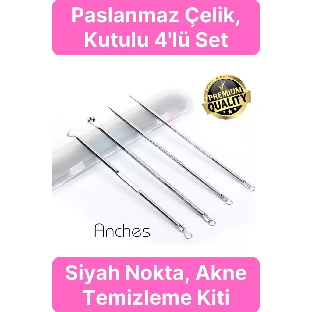 Siyah Nokta Akne Temizleyici Giderici Çıkarıcı Cilt Bakım 4lü Set Kutulu Yağ bezesi Sivilce İğnesi