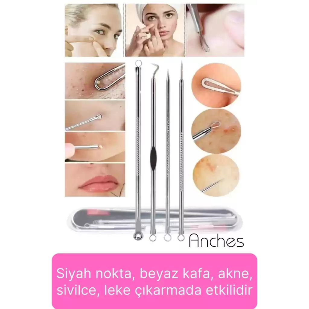 Siyah Nokta Akne Temizleyici Giderici Çıkarıcı Cilt Bakım 4lü Set Kutulu Yağ bezesi Sivilce İğnesi