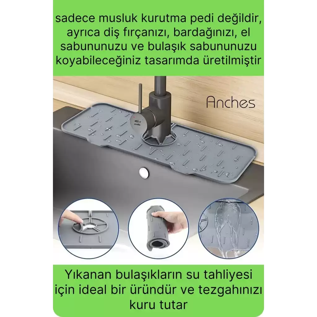 Mutfak Banyo Lavabo Silikon Musluk Arkası Mat Oluklu Su Tutucu Tezgah Üstü Bulaşık Kurutma Pedi