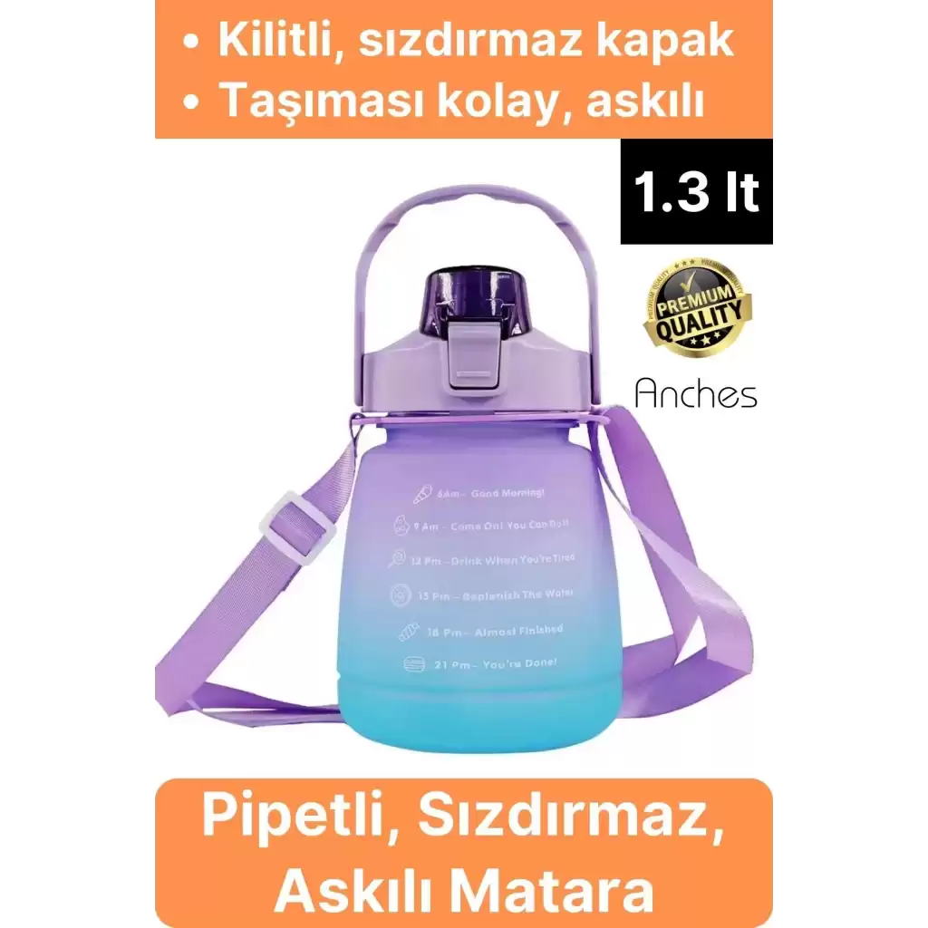 Askılı 1.3 Lt Pipetli Kilitli Sızdırmaz Kapak Tutacaklı Motivasyon Suluk Matara Kamp Okul Bpa Free