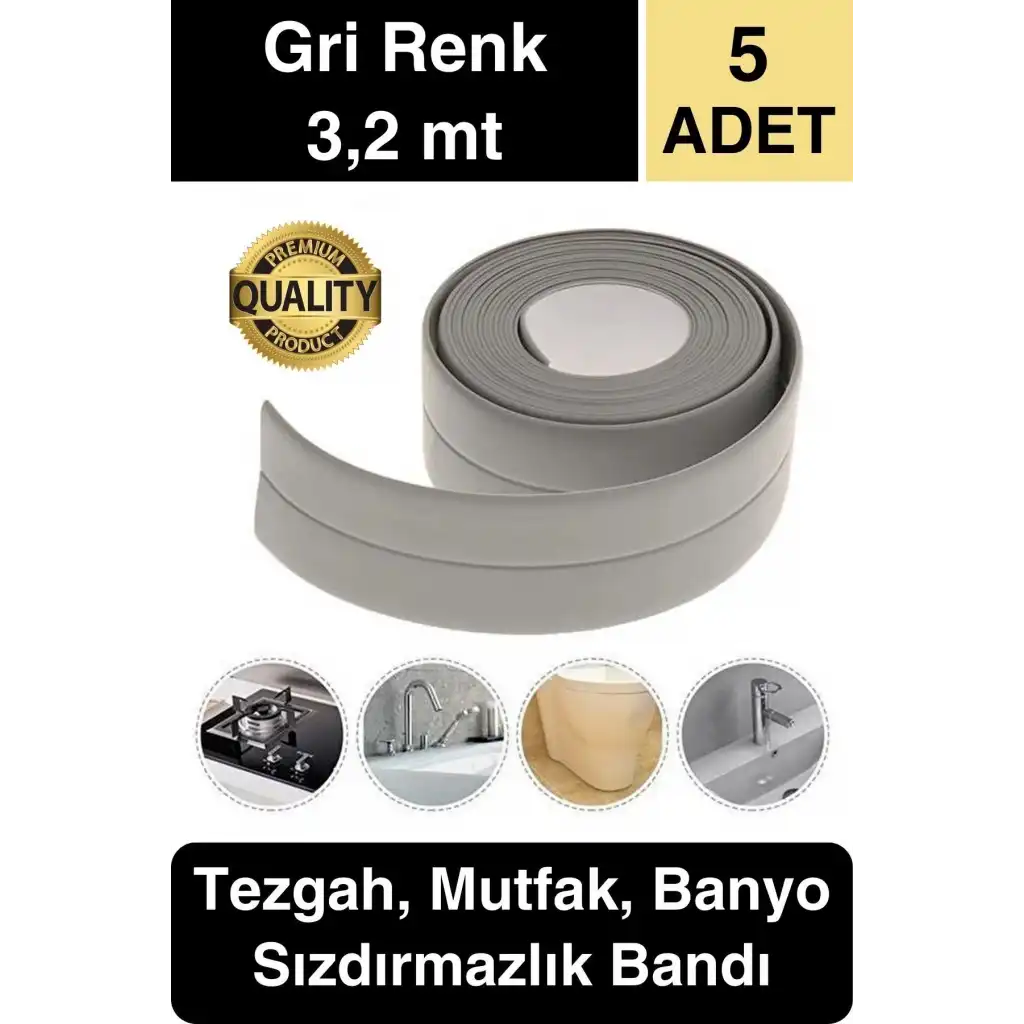 Premium Gri Ocak Tezgah Kenarı Banyo Mutfak Sızdırmaz Bant Su Geçirmez Küfe Dayanıklı 3,2 mt 5 Adet