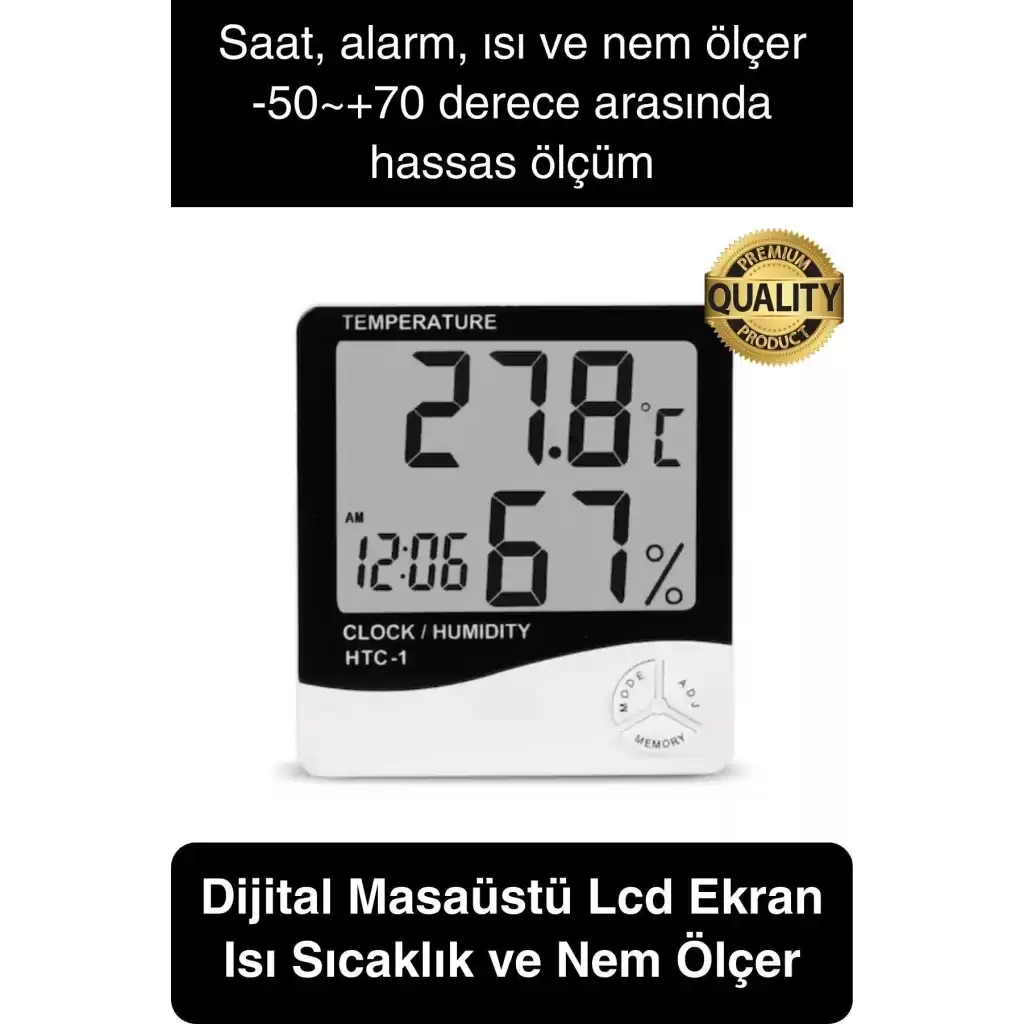 Premium Dijital Masaüstü Lcd Ekran Isı Sıcaklık ve Nem Ölçer Termometre Saat Alarm Pilli Beyaz