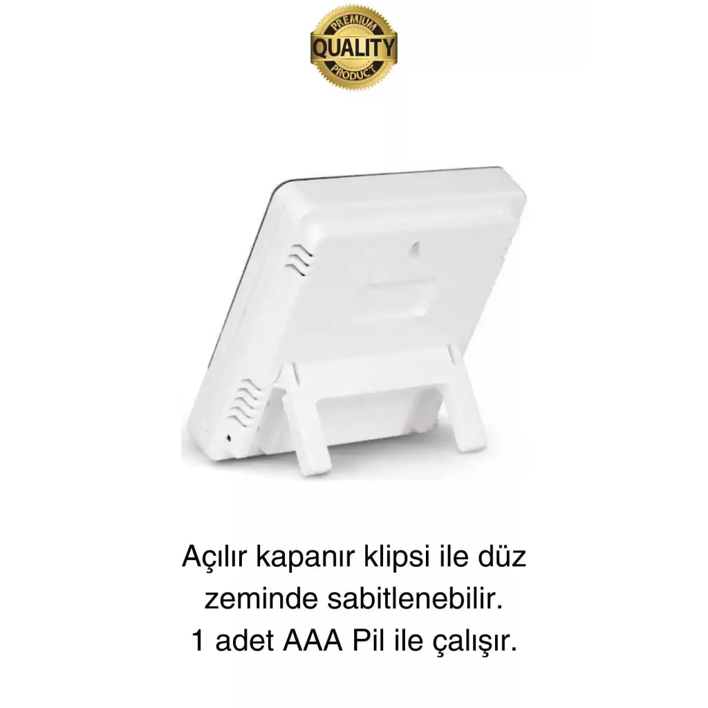 Premium Dijital Masaüstü Lcd Ekran Isı Sıcaklık ve Nem Ölçer Termometre Saat Alarm Pilli Beyaz