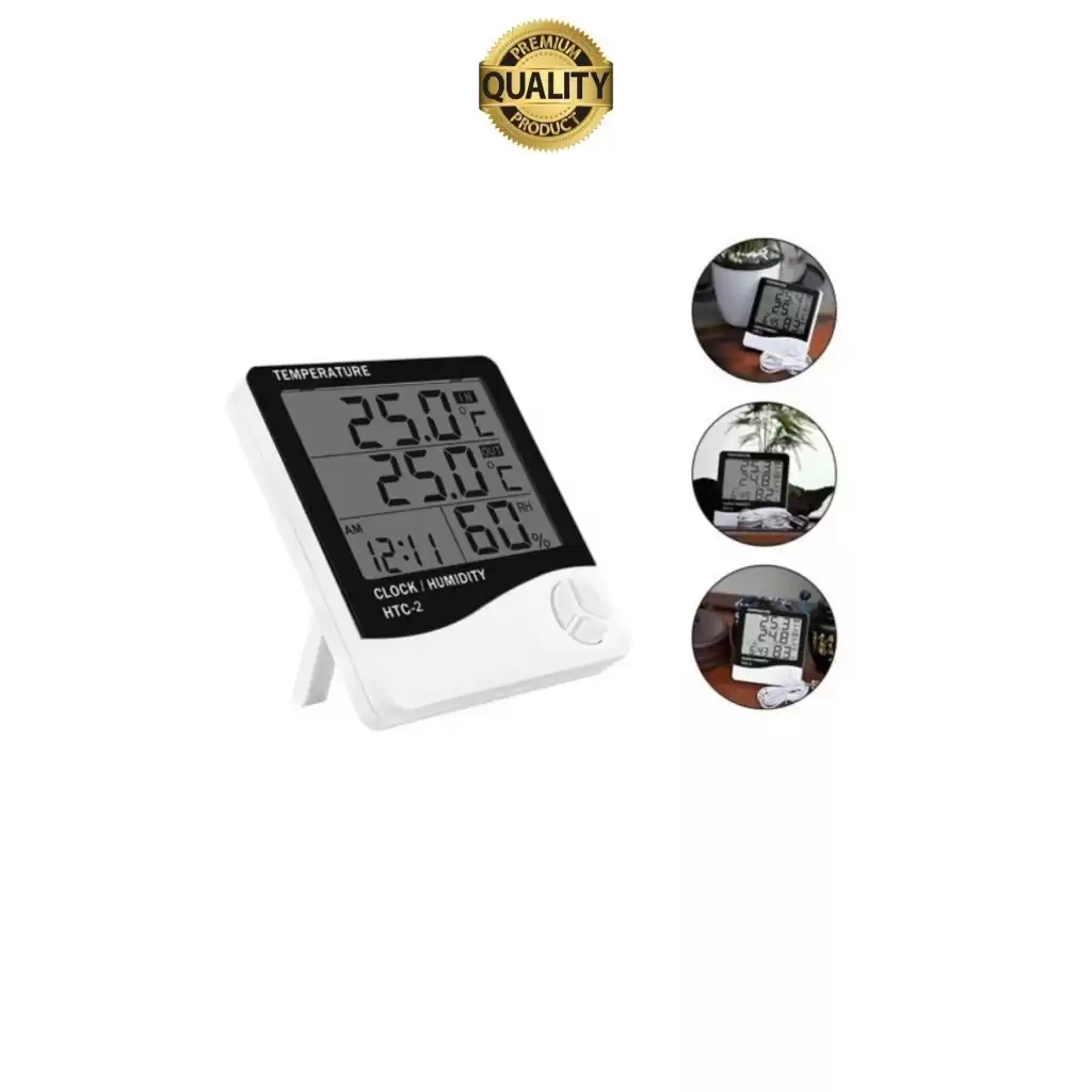 Premium Dijital Masaüstü Lcd Ekran Isı Sıcaklık ve Nem Ölçer Termometre Saat Alarm Pilli Beyaz