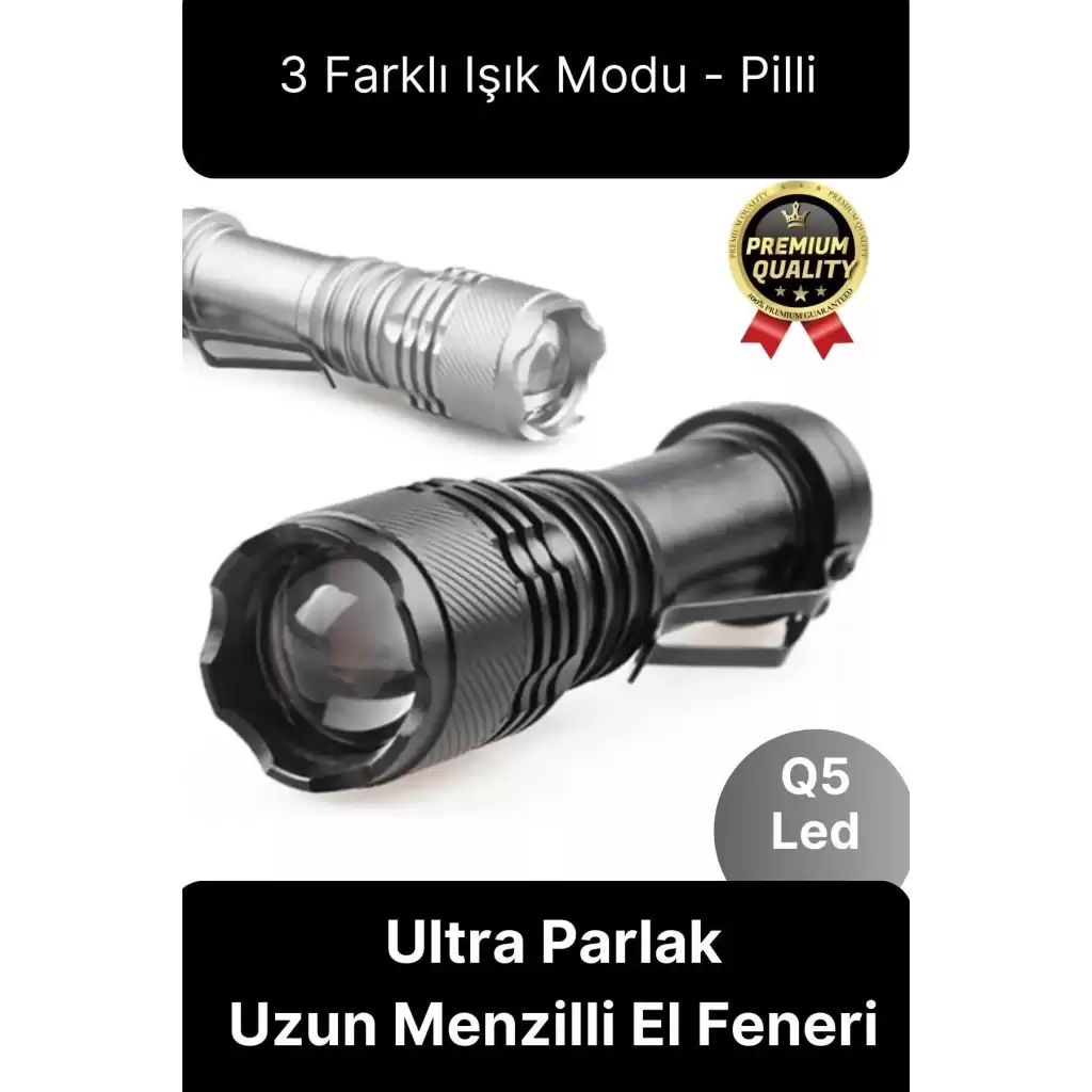 3 Fonksiyonlu Q5 Led Ultra Parlak Uzun Menzilli Pilli Yüksek Işık Gücüyle Acil Durum Kamp El Feneri