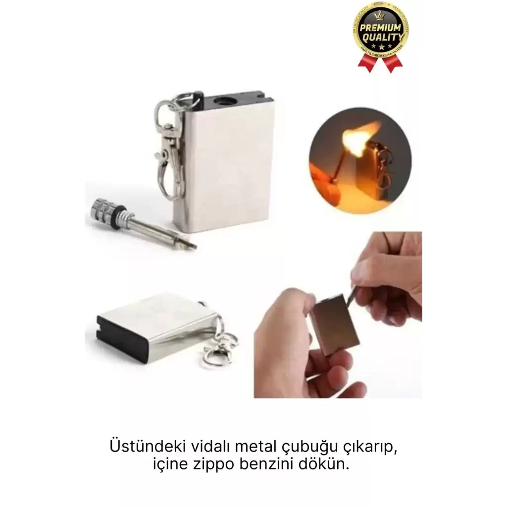 Benzinle Çalışan Rüzgarda Sönmeyen ve Taşınabilir Şık Anahtarlık Tasarım Metal Kibrit Çakmak Kamp