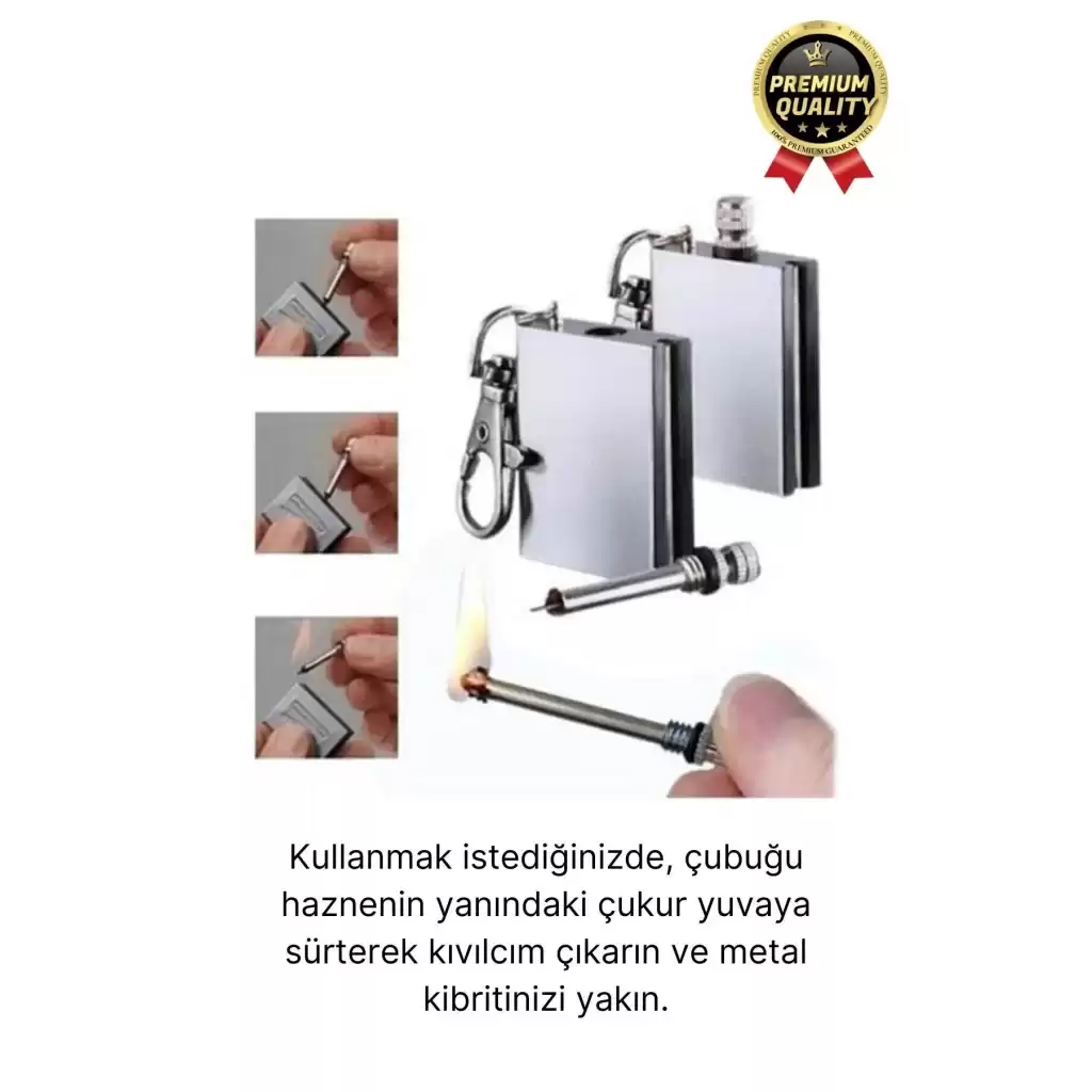 Benzinle Çalışan Rüzgarda Sönmeyen ve Taşınabilir Şık Anahtarlık Tasarım Metal Kibrit Çakmak Kamp