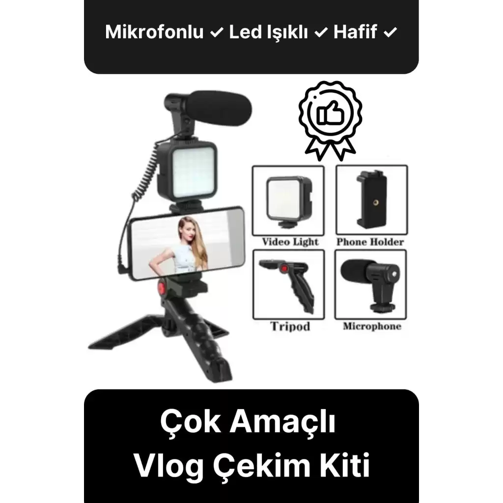 Ayarlanabilir Mikrofonlu Ses Kayıt Led Işıklı Çekim Selfie Çubuğu Canlı Yayın Tripod Vlog Çekim Kiti