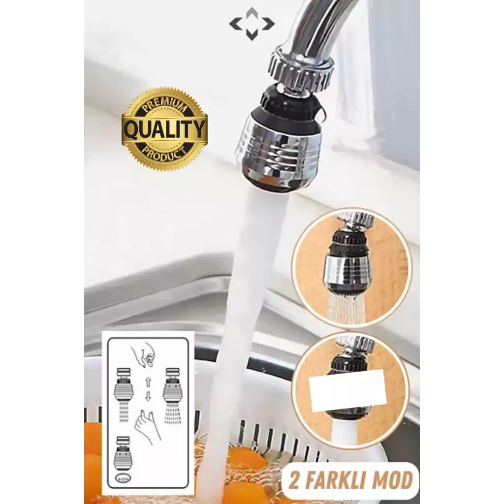 Premium 2 Modlu 360° Dönebilen Perlatör Başlığı Mutfak Lavabo Su Tasarrufu Musluk Ucu Şık Tasarım