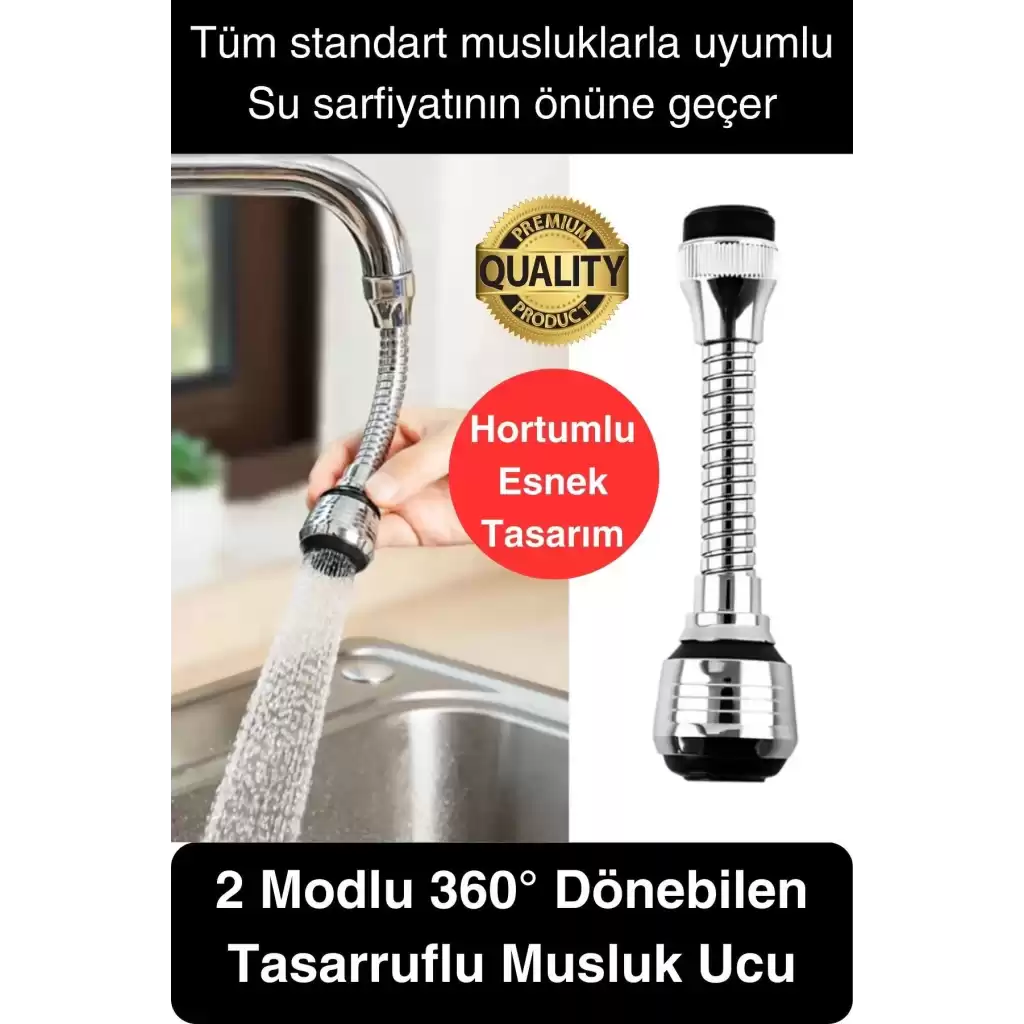 Premium 2 Modlu Hortumlu 360° Dönebilen Perlatör Başlık Mutfak Lavabo Tasarruflu Musluk Ucu Tasarım