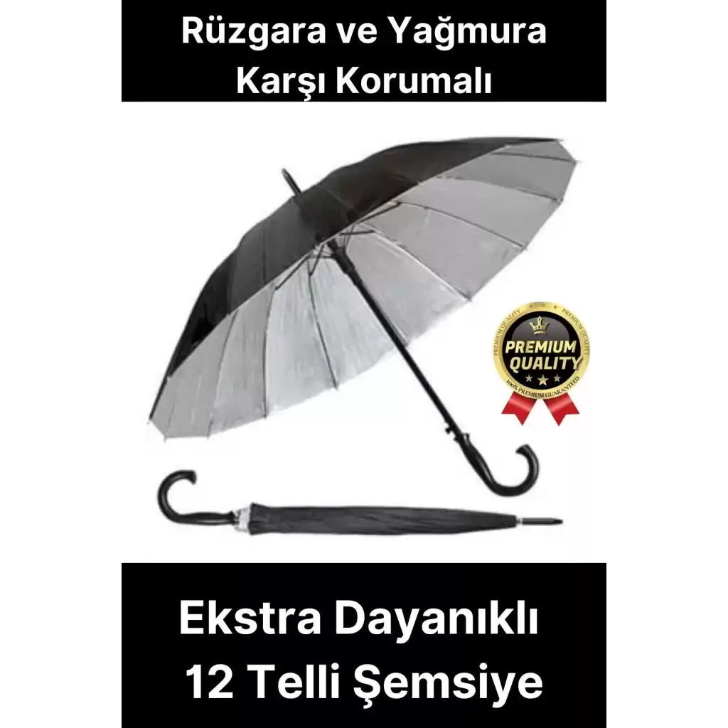 Ekstra Dayanıklı Rüzgara ve Yağmura Karşı Korumalı Siyah Fiber 12 Telli Bronz Gövde Şemsiye 55cm
