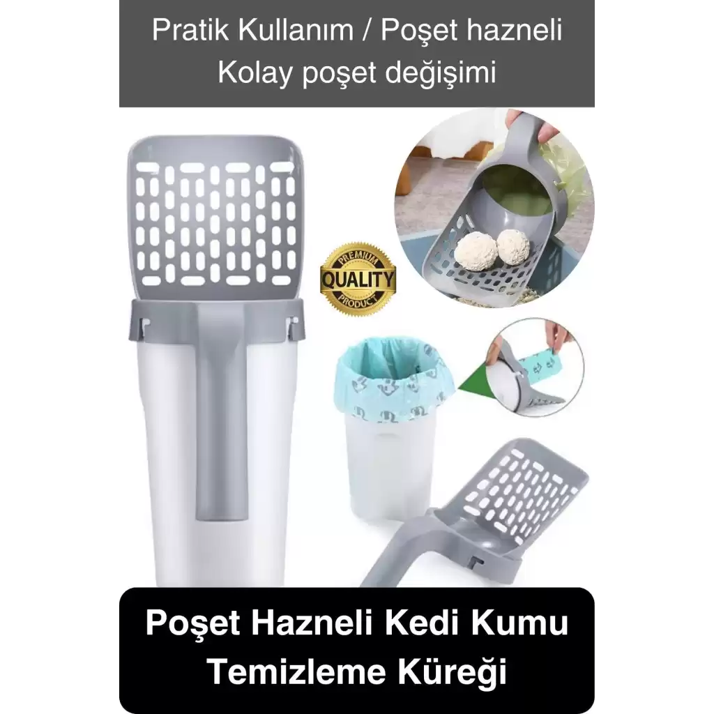Yeni Nesil Premium Kedi Kumu Temizleme Küreği Elekli Hazneli Kaka Poşeti Hediyeli Büyük Boy Pratik