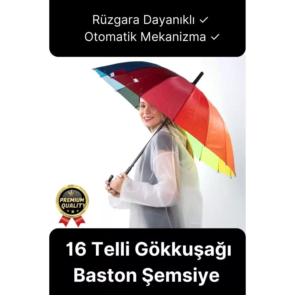 Özel Tasarım Rüzgara Dayanıklı Otomatik Model Fiber 16 Telli  Gökkuşağı Desenli Baston Şemsiye 55cm