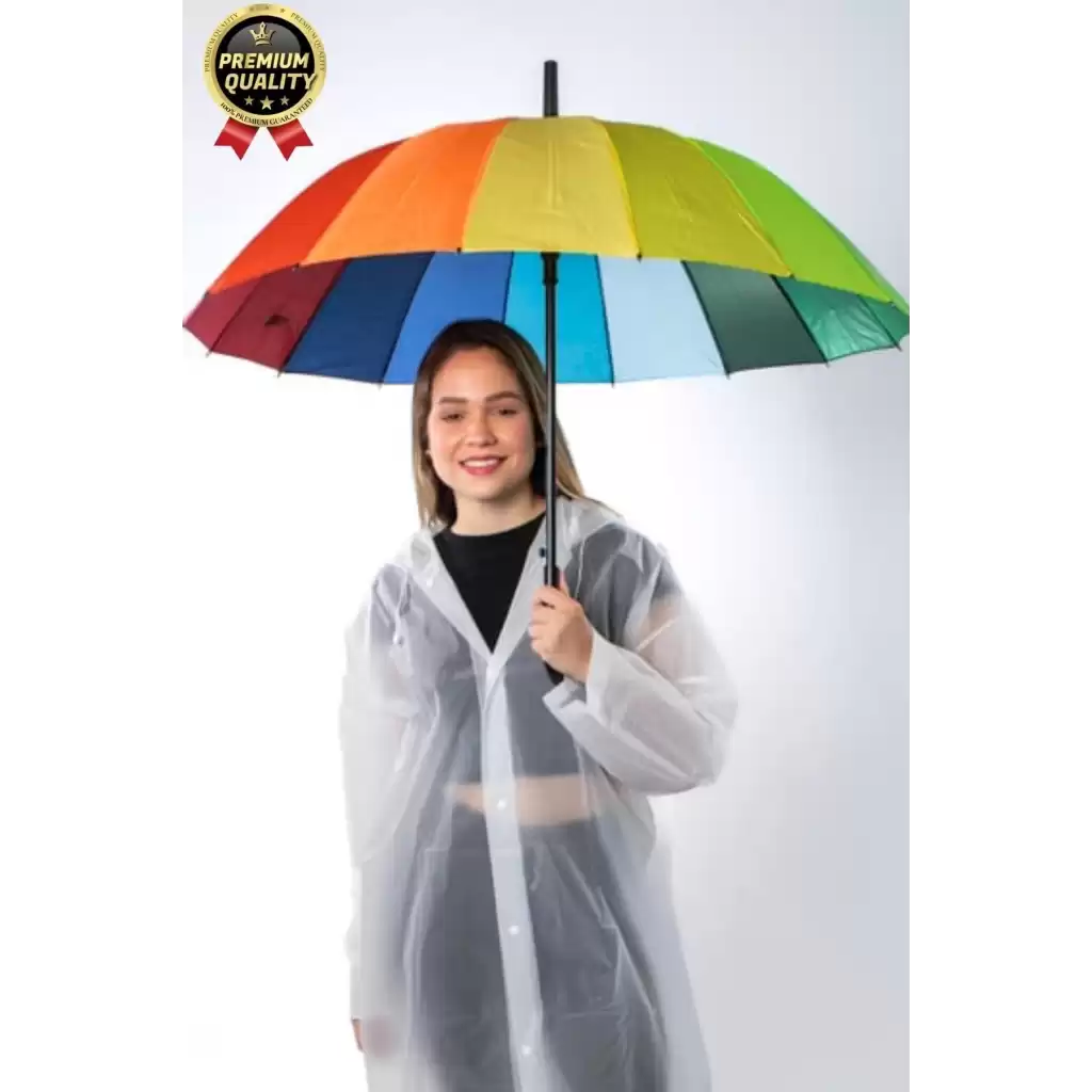 Özel Tasarım Rüzgara Dayanıklı Otomatik Model Fiber 16 Telli  Gökkuşağı Desenli Baston Şemsiye 55cm