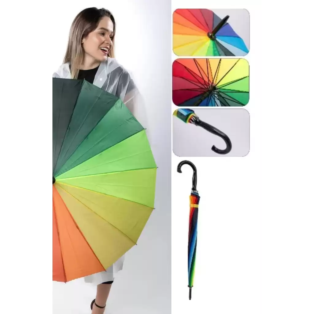 Özel Tasarım Rüzgara Dayanıklı Otomatik Model Fiber 16 Telli  Gökkuşağı Desenli Baston Şemsiye 55cm