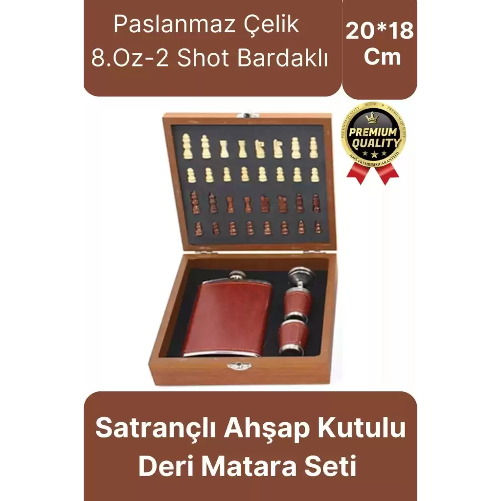 Deluxe Paslanmaz Çelik 8.Oz 2 Shot Bardaklı Satrançlı Ahşap Kutulu Alkol Deri Matara Seti 20*18 Cm
