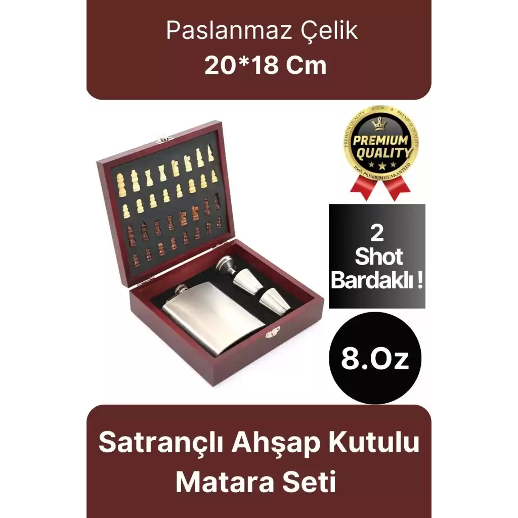 Deluxe Paslanmaz Çelik 8.Oz 2 Shot Bardaklı Satrançlı Ahşap Kutulu Alkol Matara Seti 20*18 Cm