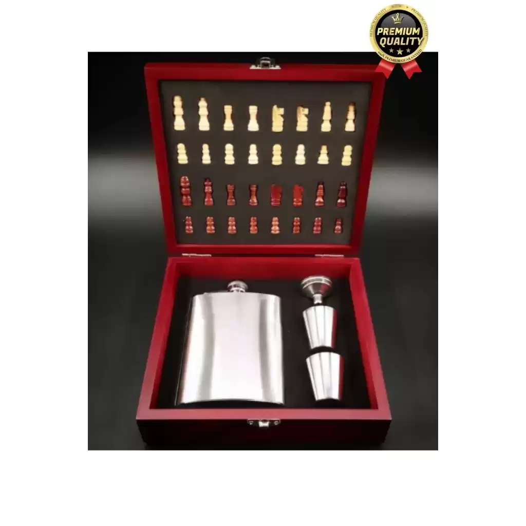 Deluxe Paslanmaz Çelik 8.Oz 2 Shot Bardaklı Satrançlı Ahşap Kutulu Alkol Matara Seti 20*18 Cm