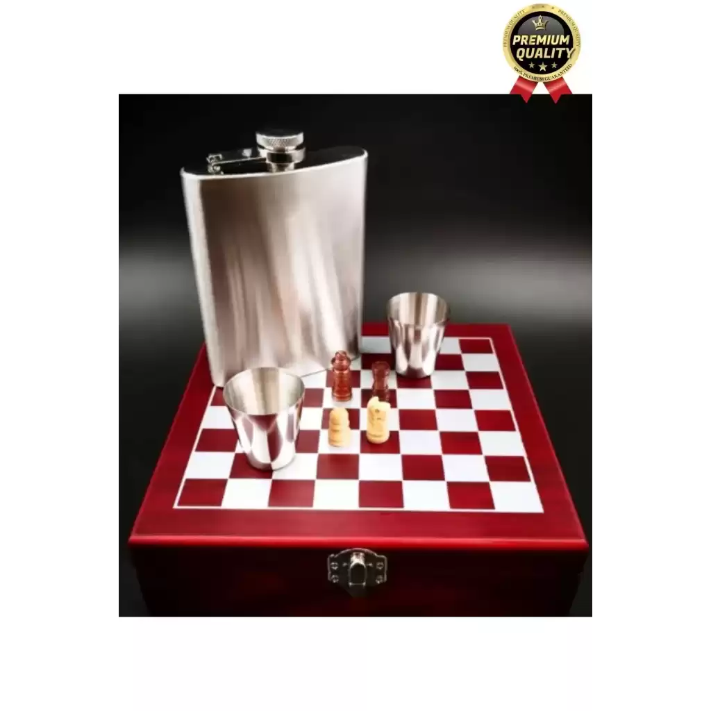 Deluxe Paslanmaz Çelik 8.Oz 2 Shot Bardaklı Satrançlı Ahşap Kutulu Alkol Matara Seti 20*18 Cm