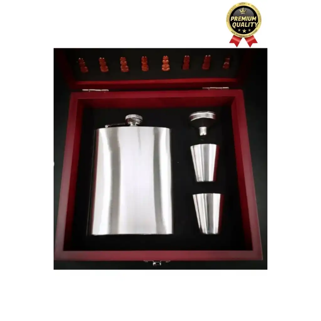 Deluxe Paslanmaz Çelik 8.Oz 2 Shot Bardaklı Satrançlı Ahşap Kutulu Alkol Matara Seti 20*18 Cm