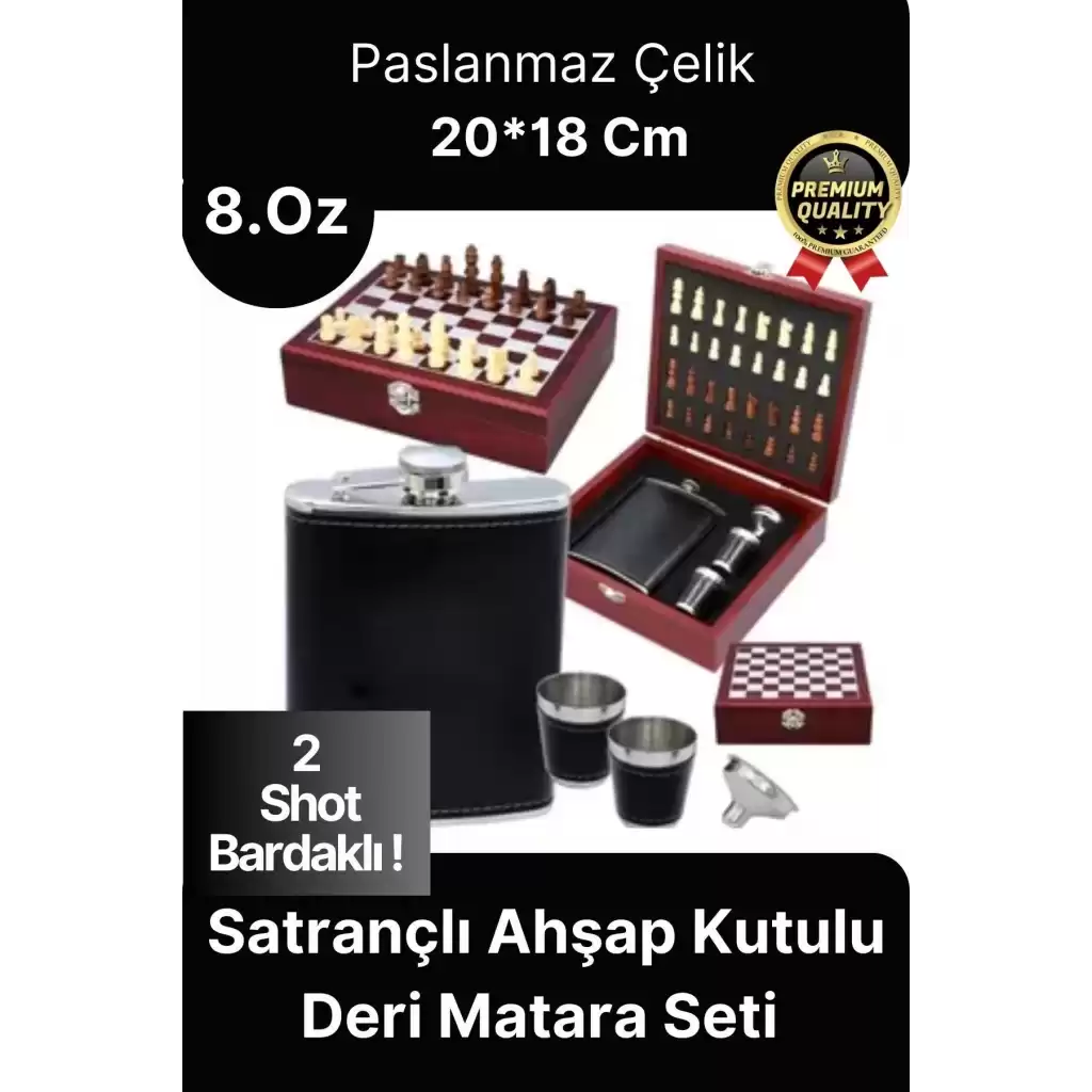 Deluxe Paslanmaz Çelik 8.Oz 2 Shot Bardaklı Satrançlı Ahşap Kutulu Alkol Deri Matara Seti 20*18 Cm