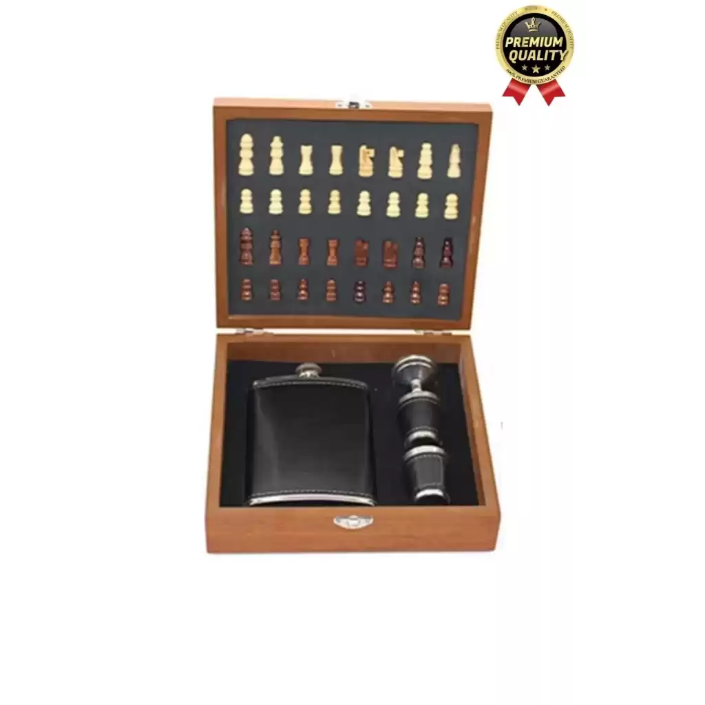 Deluxe Paslanmaz Çelik 8.Oz 2 Shot Bardaklı Satrançlı Ahşap Kutulu Alkol Deri Matara Seti 20*18 Cm
