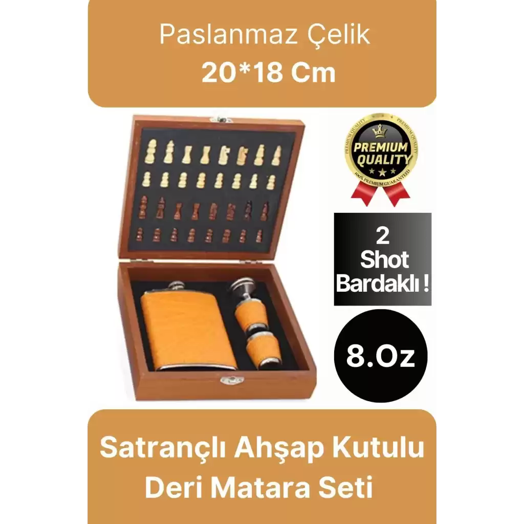 Deluxe Paslanmaz Çelik 8.Oz 2 Shot Bardaklı Satrançlı Ahşap Kutulu Alkol Deri Matara Seti 20*18 Cm