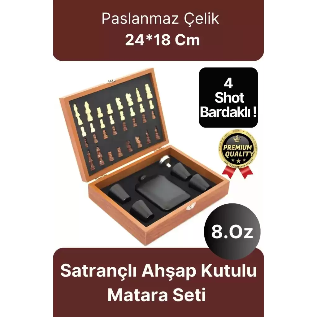 Deluxe Paslanmaz Çelik 8.Oz 4 Shot Bardaklı Satrançlı Ahşap Kutulu Alkol Matara Seti 24*18 Cm