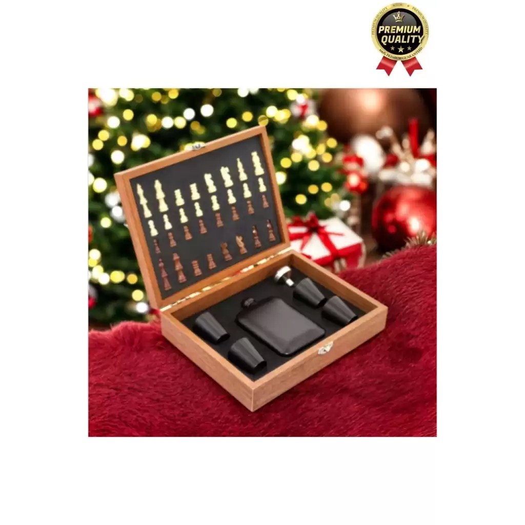 Deluxe Paslanmaz Çelik 8.Oz 4 Shot Bardaklı Satrançlı Ahşap Kutulu Alkol Matara Seti 24*18 Cm