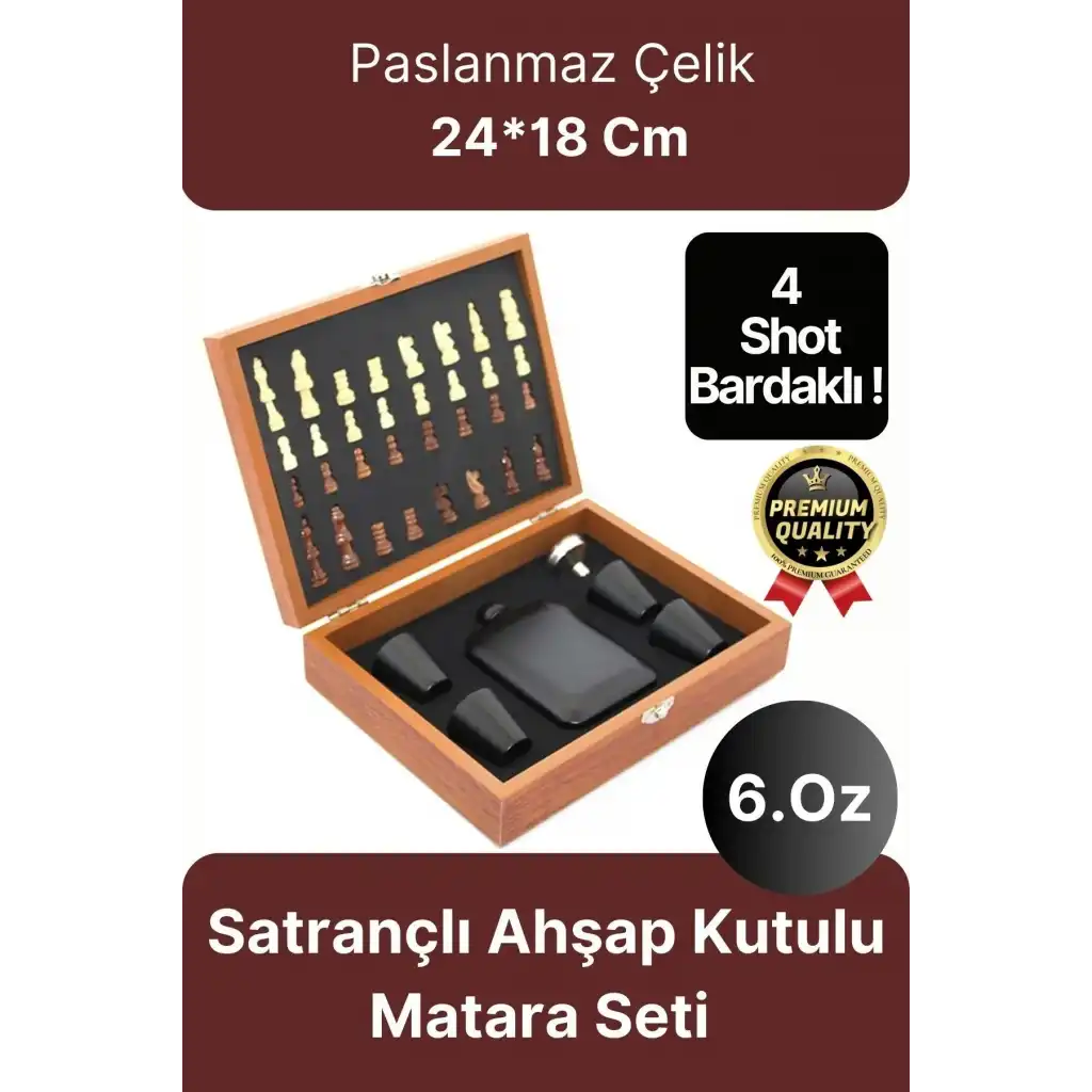 Deluxe Paslanmaz Çelik 6.Oz 4 Shot Bardaklı Satrançlı Ahşap Kutulu Alkol Matara Seti 24*18 Cm