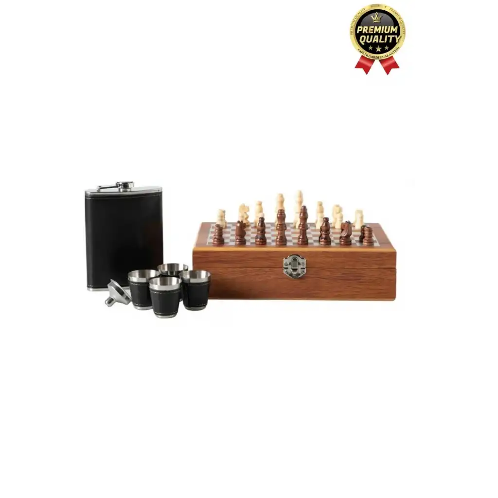 Deluxe Paslanmaz Çelik 6.Oz 4 Shot Bardaklı Satrançlı Ahşap Kutulu Alkol Matara Seti 24*18 Cm