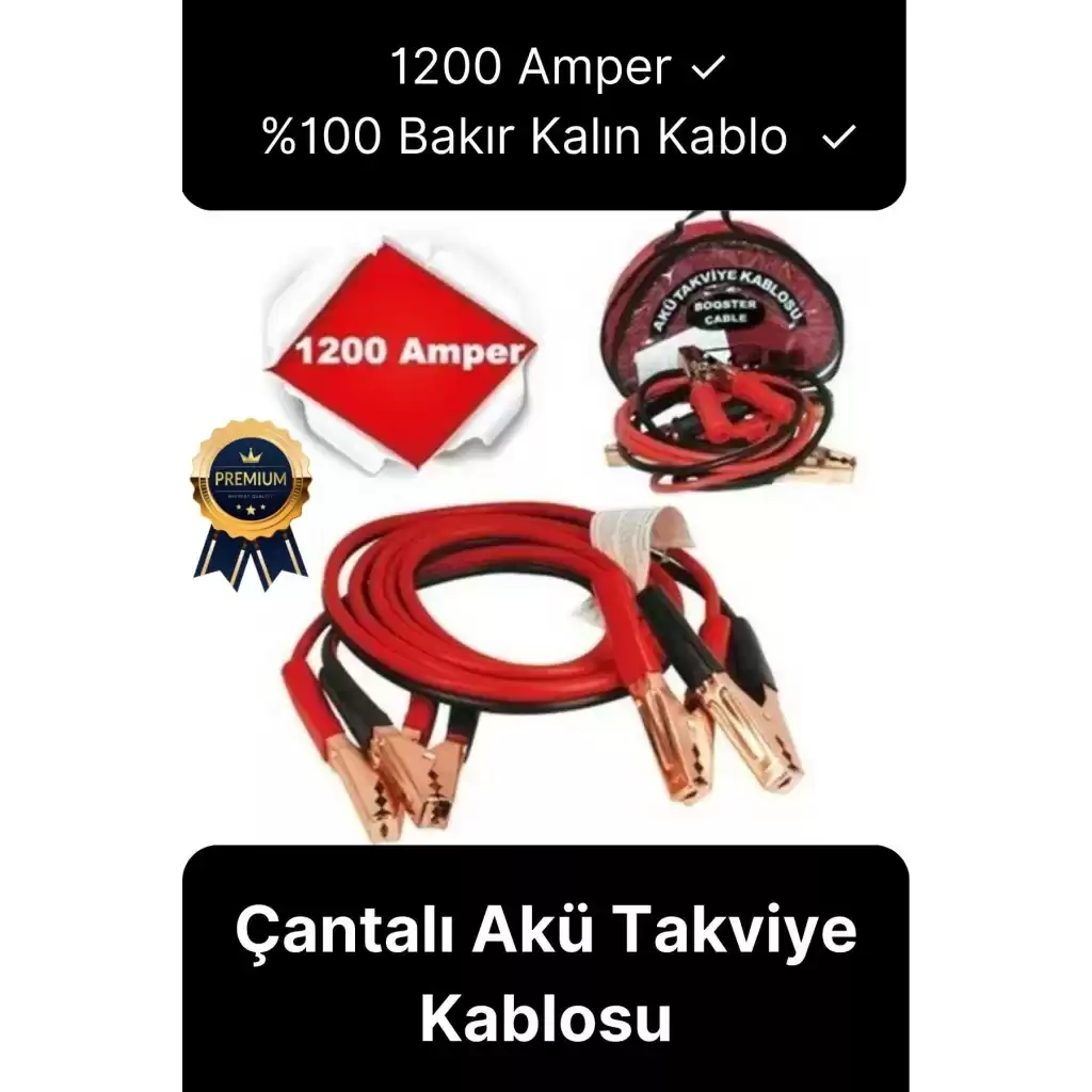 Çantalı %100 Bakır Kalın Kablo ve Hızlı Şarj Güçlü 1200 Amper Oto Araç Akü Şarj Takviye Kablosu 2m