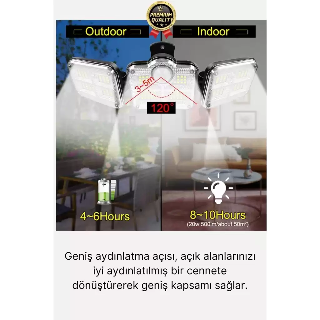 Ayarlanabilir 3 Modlu Solar Güneş Enerjili 122 Ledli Dış Mekan için Hareket Sensörlü Bahçe Lambası