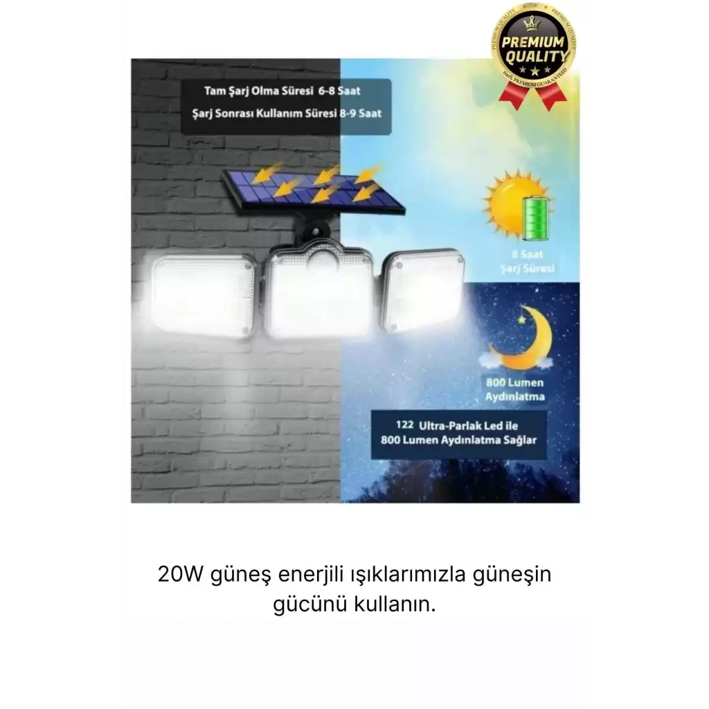 Ayarlanabilir 3 Modlu Solar Güneş Enerjili 122 Ledli Dış Mekan için Hareket Sensörlü Bahçe Lambası