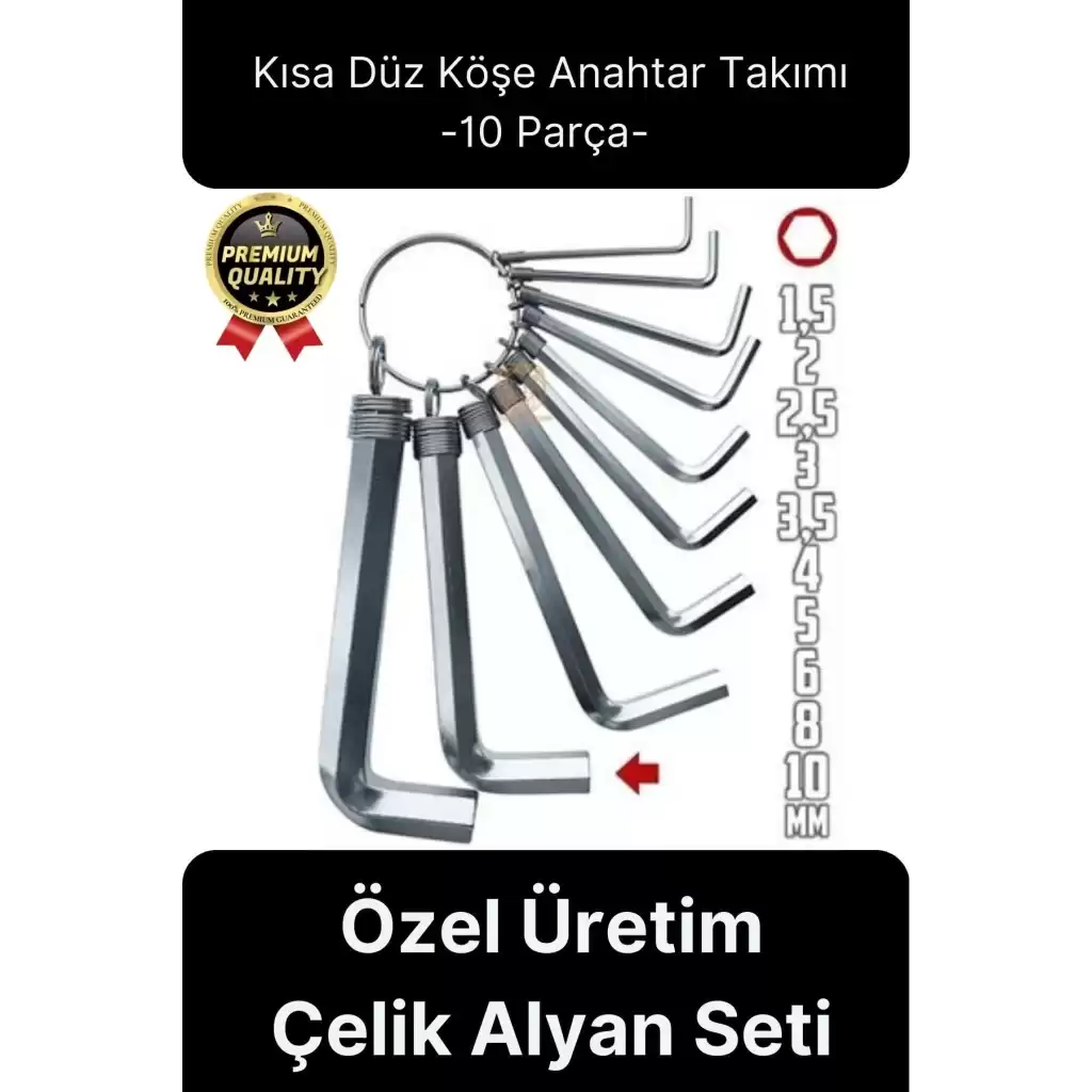 Özel Üretim Tamir Usta Altı Köşeli Bozuk Vida Kısa Düz Köşe Anahtar Takımı Çelik Alyan Seti 10 Parça