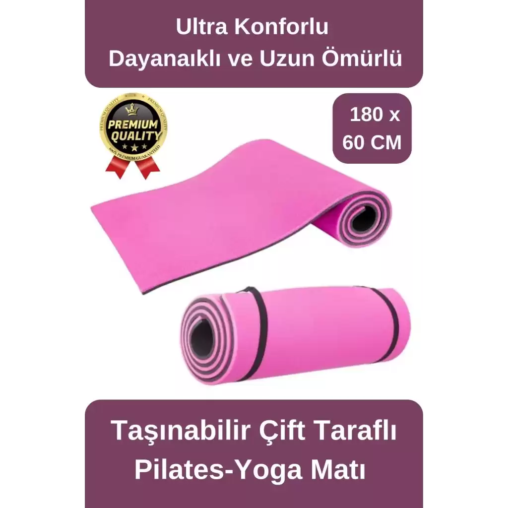 Ultra Konfor Taşıma Askılı Kalın Kaymaz Çift Taraf Pembe Siyah Meditasyon Pilates Minderi Yoga Matı