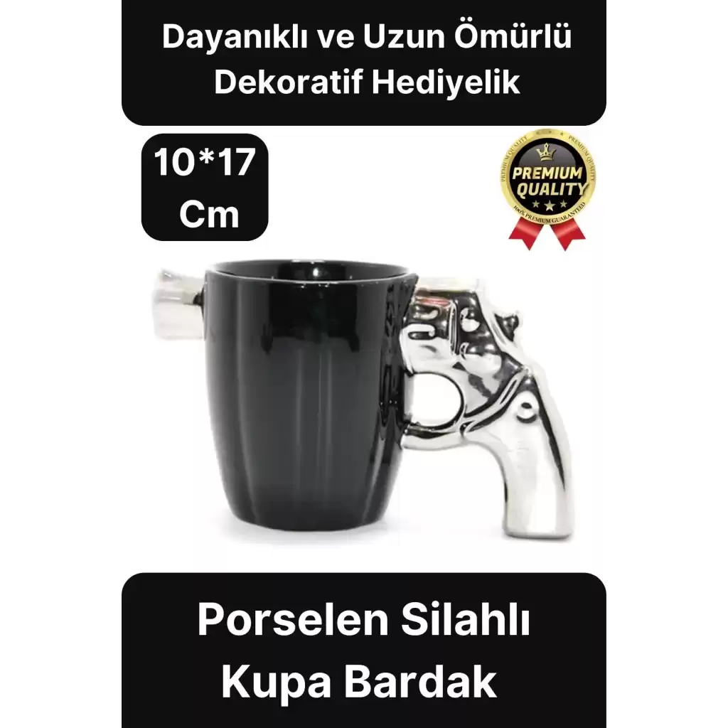 Özel Tasarım Dekoratif Hediyelik Porselen Siyah Silah Görünümlü Gümüş Tutacaklı Kupa Bardak 10*17 Cm