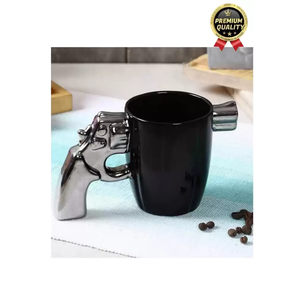 Özel Tasarım Dekoratif Hediyelik Porselen Siyah Silah Görünümlü Gümüş Tutacaklı Kupa Bardak 10*17 Cm