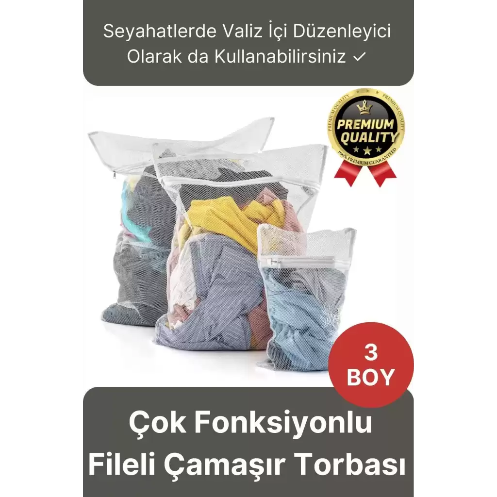 Çok Fonksiyonlu Dayanıklı Yıkama Renkli Fermuarlı Kirli Temiz Sepeti Fileli Çamaşır Torbası 3 Adet